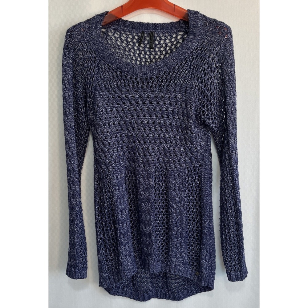 Guess Los Angeles Open Knit Cotton Sweater Small Blue Crochet Pullover Net